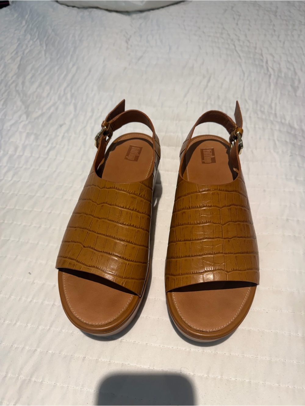 Fitflop Croc-Embossed Tan Slingback Platform Sandals